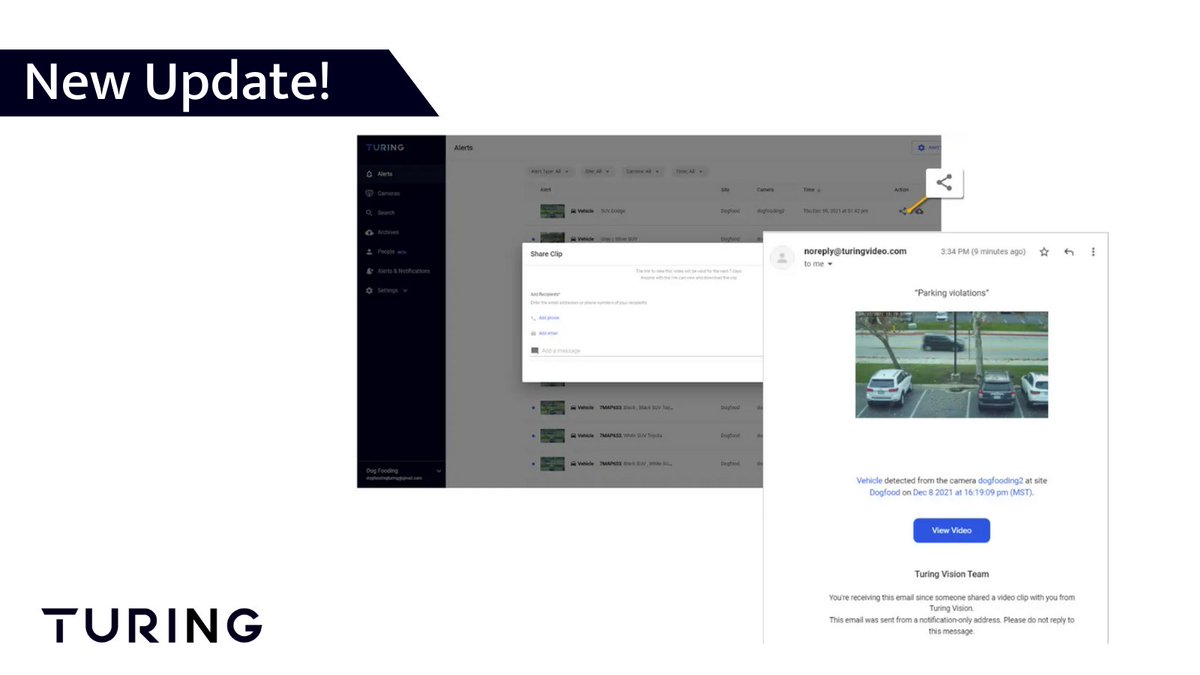 TeamTuringAI's tweet image. Turing Vision just got an update!
One of our most recent upgrades is the ability to share an event or alert clip with any email and phone number even if the person you share with doesn't have a Turing account.
Learn more here: turing.ai/resources/turi…
#workplacesecurity