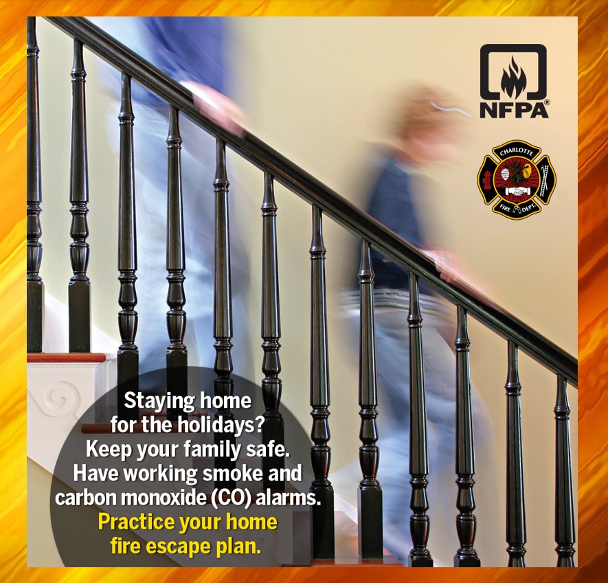 charlottefire's tweet photo. Staying home for the holidays? Keep your family safe. Have working smoke & carbon monoxide alarms. Practice your home fire escape plan. #StaySafeStayAlive #NFPA #CFDPRIDE #CFDStrong https://t.co/eGc2V0Qx50