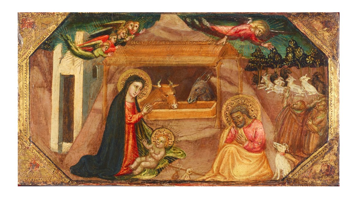 mari_iga's tweet image. 《キリストの降誕》
ビッチ・ディ・ロレンツォ
1410-15年頃　
バーミンガム美術館
神秘の光を放って輝くイエスを地面に置き、マリアが礼拝する図像は１４世紀後半以降描かれるようになった。
#AdventDay23