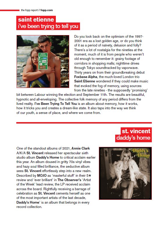 FOPPofficial's tweet image. For today's #foppreport picks we've got Saint Etienne with "I've Been Trying To Tell You" and St. Vincent with "Daddy's Home"

#gettofopp and grab your copy!

@bobpetesarah @st_vincent