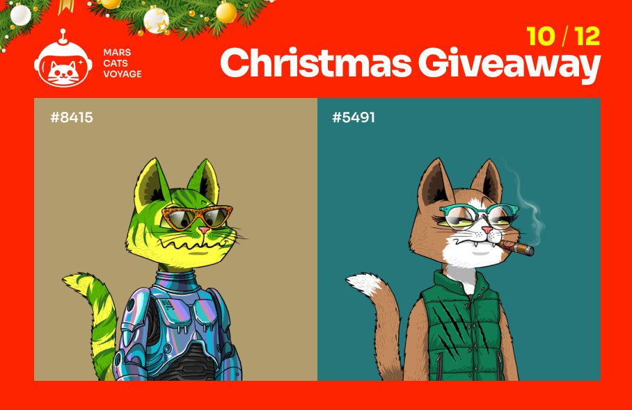 MarsCatsVoyage's tweet photo. We're continuing our Christmas MCV #NFTGiveaways: two more #MarsCats are looking for their owners🐾

For starters:
✔️Follow @MarsCatsVoyage
✔️Quote Tweet and tag 2 friends
✔️Join our https://t.co/Y2c6kAiCy5

May fortune smile on you!🎄
24 hours left! Go! https://t.co/7bIhzmae07
