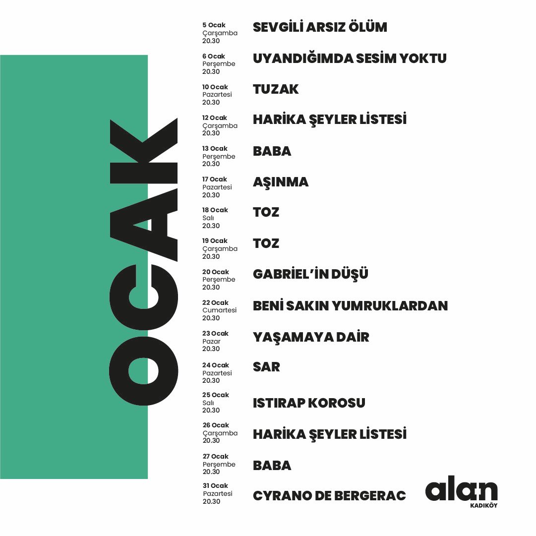 Alankadikoy's tweet photo. Alan Kadıköy Ocak ayı programını kaçırmayın🎉 Biletler; @tiyatrolar @passo_com_tr @mobilet @biletix 

@kadikoybelediye https://t.co/uD9zVPwoVY