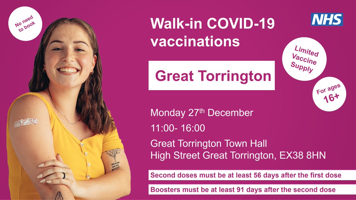 Get your COVID-19 booster vaccine in Torrington 💉
 See the graphic for the full details @ndht <a href="/torridgedc/">Torridge District Council</a> <a href="/DevonCC/">Devon County Council</a>