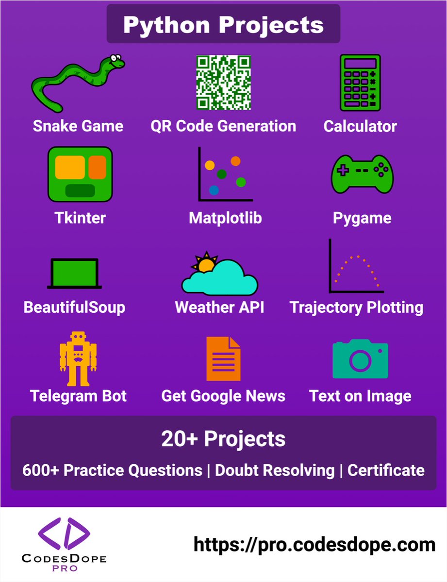 CodesDope's tweet image. Learn Python from Beginner to Advanced level while practicing questions and building projects with us.
pro.codesdope.com/courses/python
Get course for just 999 INR at 80% OFF. Limited Time Offer!
#python #programming #projects #offer