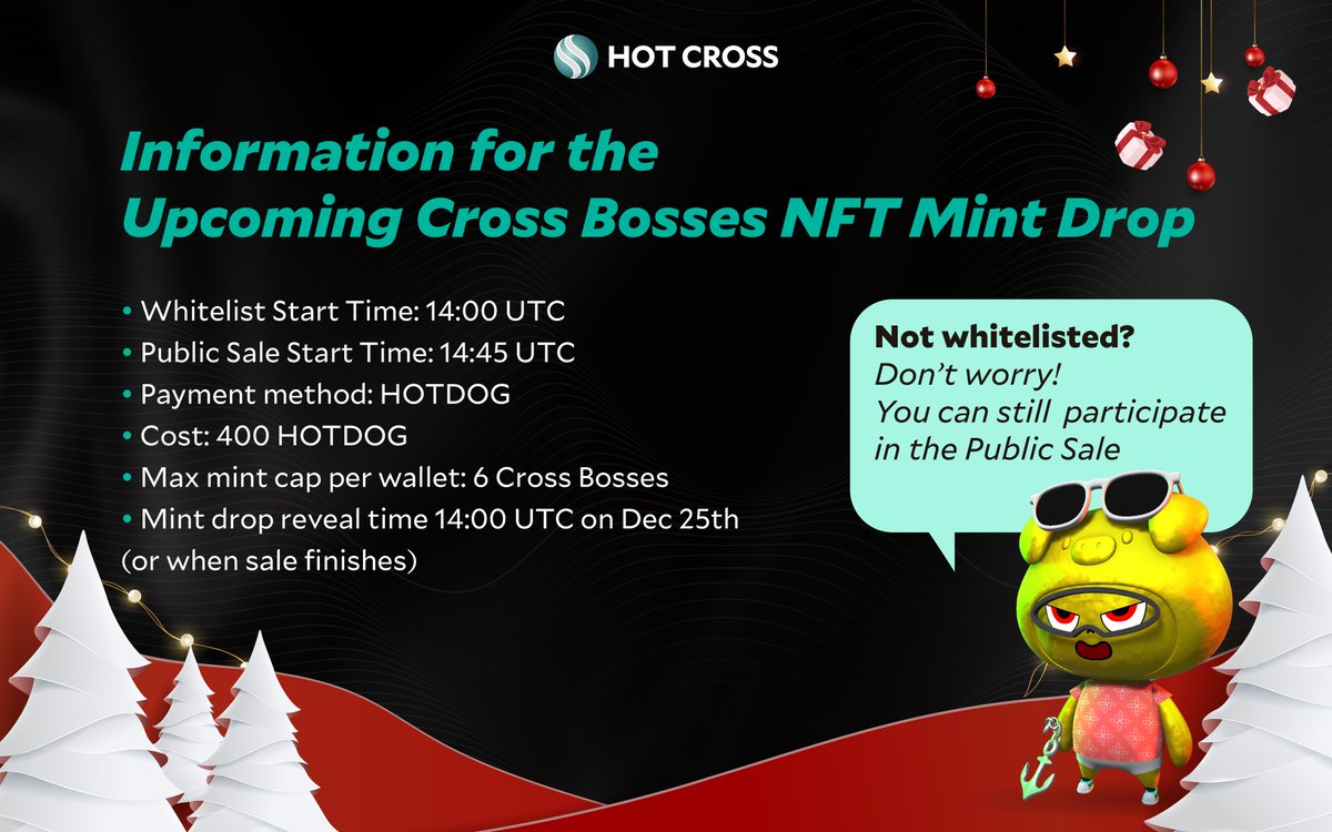 hotcrosscom's tweet photo. The Cross Bosses NFT Whitelist Sale begins on December 24th at 14:00 UTC. It opens to the public at 14:45 UTC.

Max mint per wallet: 6 @ 400 $HOTDOG per NFT.

Cross Boss NFT reveal time: December 25th at 14:00 UTC or whenever the sale finishes.

Where? https://t.co/hCa9uZTFVU https://t.co/yyMyH5K4y7