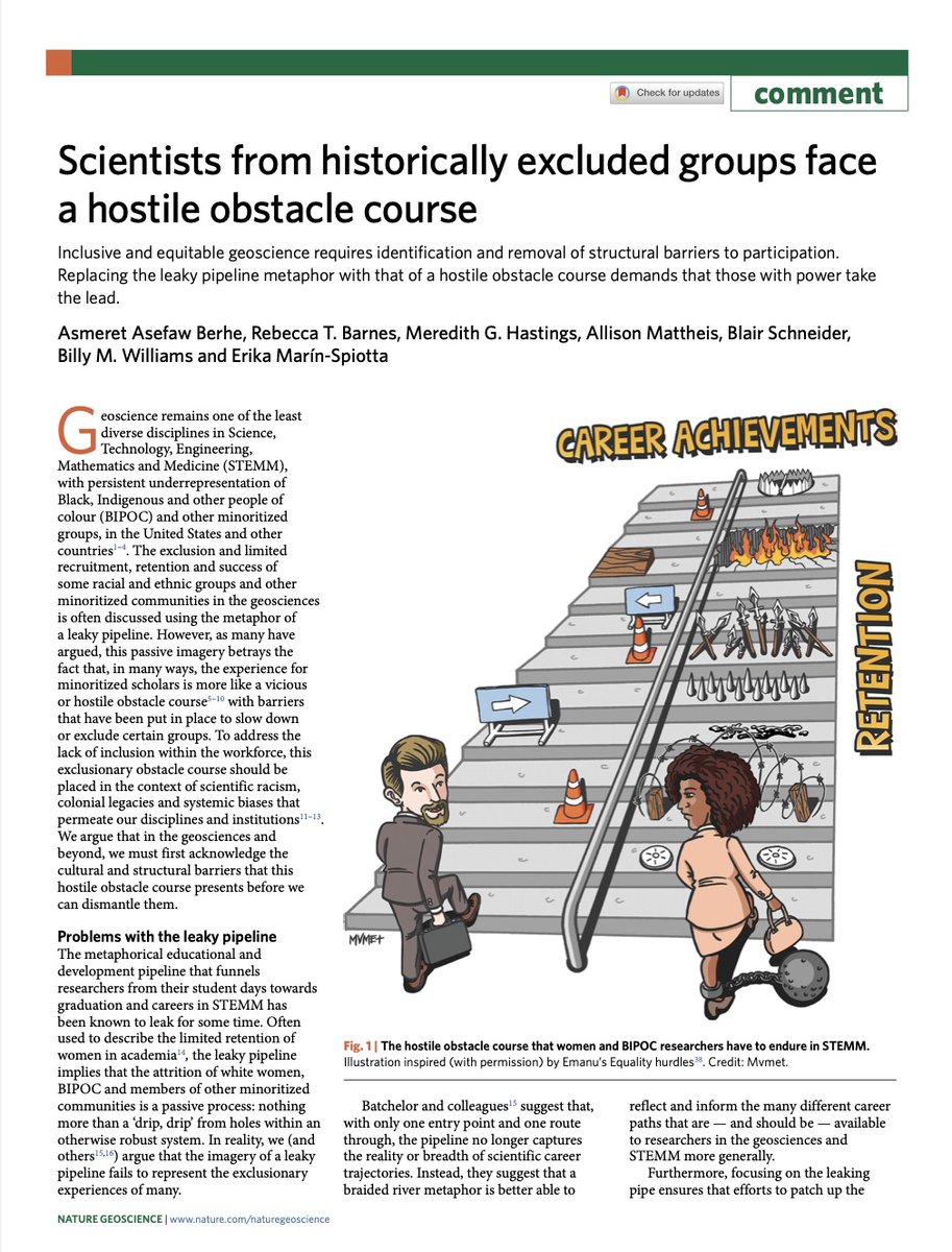 New @ADVANCEGeo paper in @NatureGeosci: we argue, addressing the lack of #diversity in STEMM requires that we use appropriate framing of a #HostileObstacleCourse for scholars from minoritized communities (& drop the flawed metaphor of a #LeakyPipeline) 1/n
nature.com/articles/s4156…