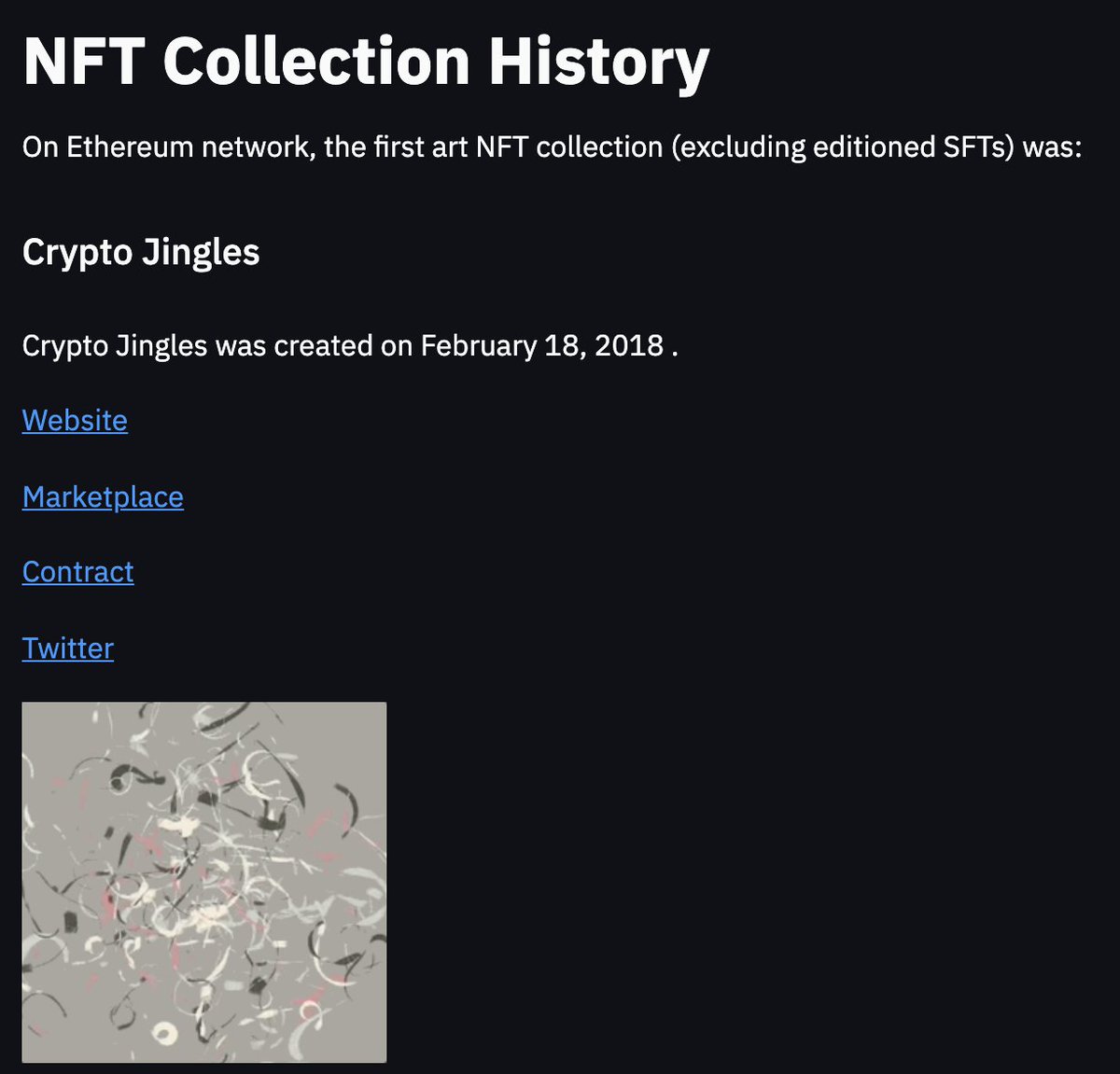 In fact, if we exclude collections with editions (Curio Cards, Digital Zones, and many other great work); Crypto Jingles also becomes the first art NFT collection!

<a href="/CryptoJingles/">Crypto Jingles</a>