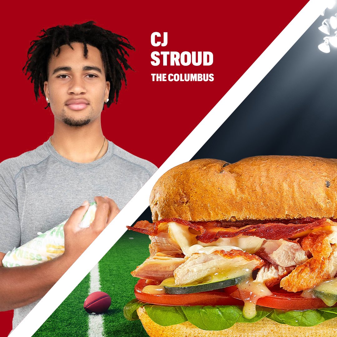 CJ7STROUD's tweet photo. BIG week!! I'm getting ready with my @subway signature sub, The Columbus…Rotisserie Style Chicken, hickory-smoked bacon, white American cheese, veggies & honey mustard sauce on Hearty Multigrain. Try yours at https://t.co/sq7KXr11OL! #RefreshTheRivalry #SubwayPartner https://t.co/QLTdr71T7c