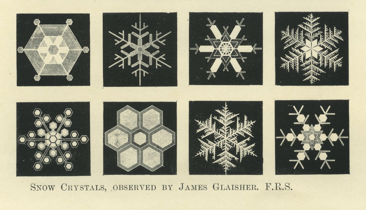 Season's greetings to all our followers. Here are some snowflakes for our last post of 2021. These snow crystals were observed by James Glaisher, illustrated by Cecilia Glaisher, &amp; published in QJRMS vol. 30 (1904).