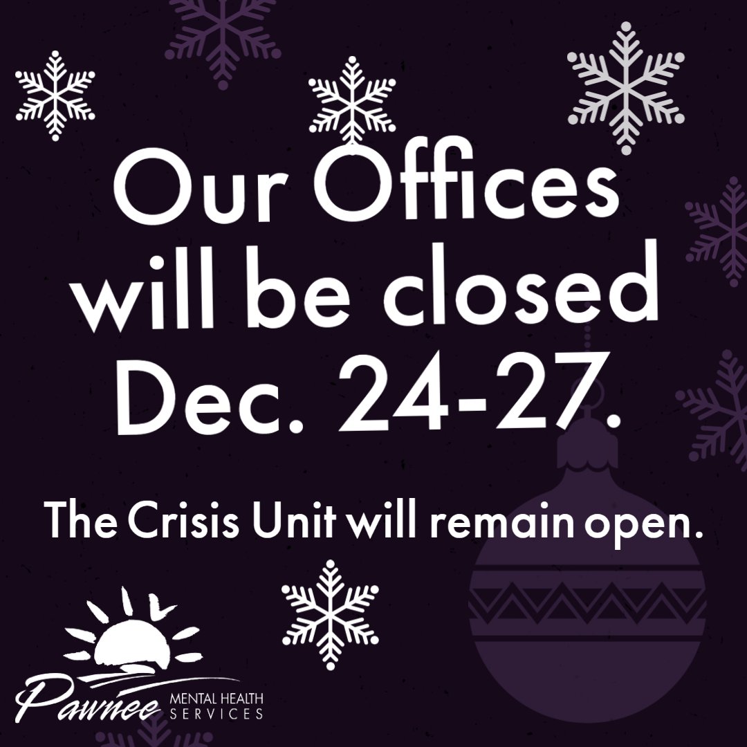 PawneeMHS's tweet photo. Happy Holidays! Pawnee's offices will be closed Dec 24-27. The Crisis Unit will remain operational 24 hours a day. If you need immediate mental health assistance, call our hotline 1-800-609-2002. #mentalhealth #mentalhealthmatters #crisisstabilization https://t.co/NCqclXQULM