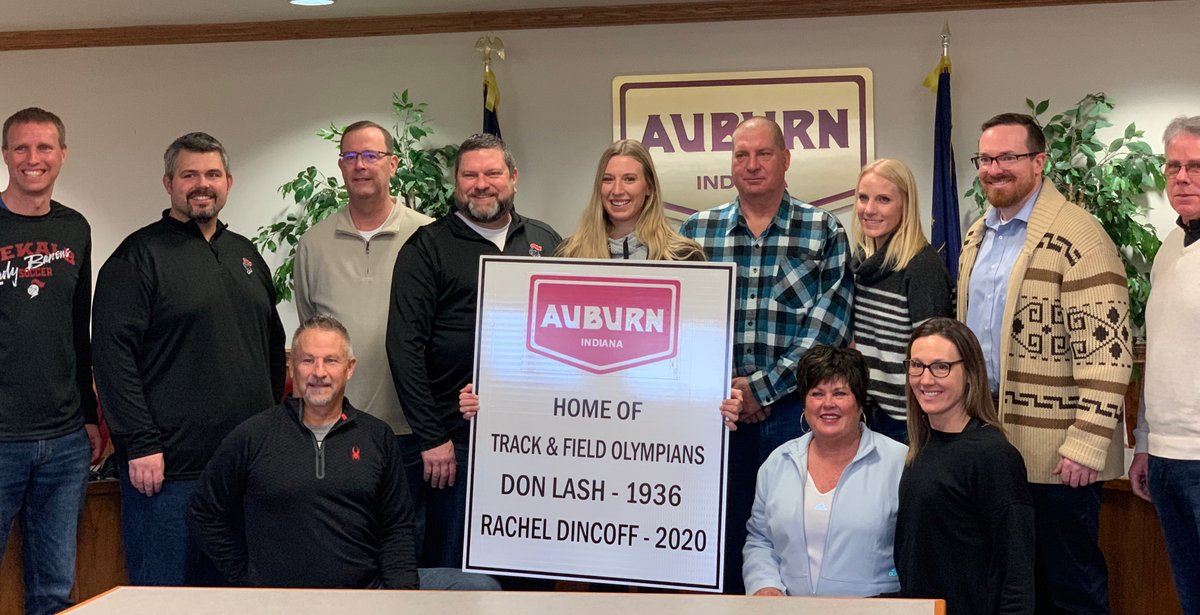 CityofAuburnIN's tweet photo. Mayor Ley presented Auburn native and Track and Field Olympian Rachel Dincoff with a street sign that will be placed at the four entrances into Auburn to honor her accomplishment. https://t.co/7qJ0f76MS7