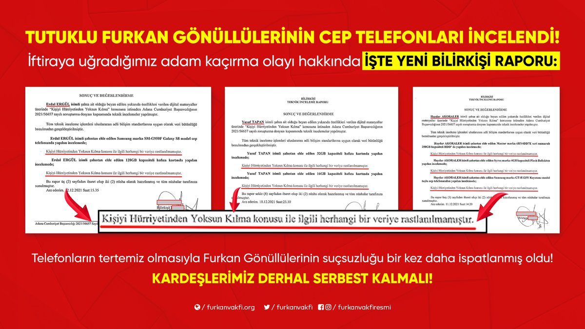 MedyaFurkan's tweet photo. FURKAN GÖNÜLLÜLERİNİ AKLAYAN YENİ BİLİRKİŞİ RAPORU ÇIKTI!

“Adam kaçırma(!)” iftirasıyla tutuklu yargılanan Furkan Gönüllülerinin cep telefonları incelendi!

Hukuksuzluğun Belgeleri
#FurkanaKumpas https://t.co/u0EdGdaPfb