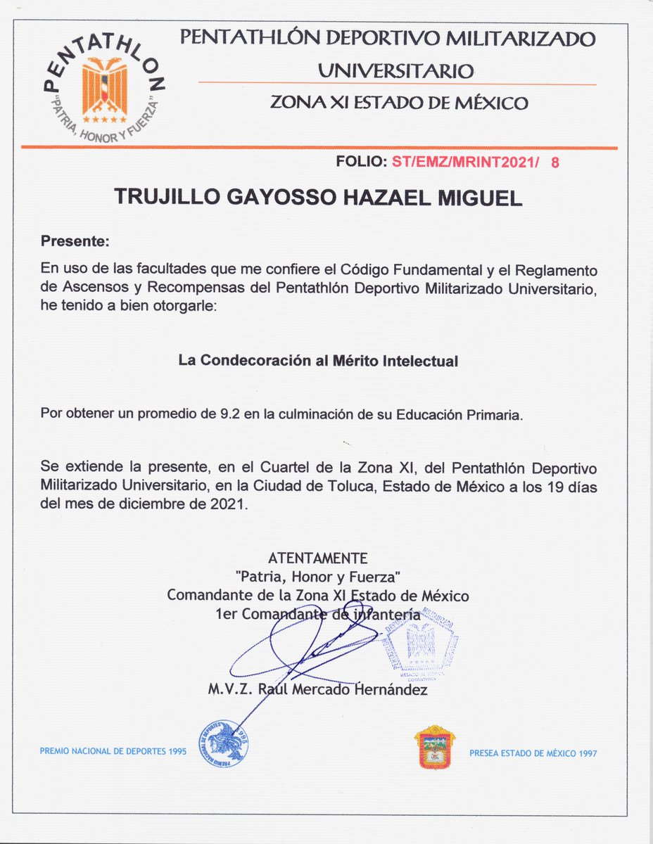 EcatepecSubzona's tweet photo. La Subzona #Ecatepec se enorgullece por la "Condecoración Estatal al mérito intelectual" del Cadete de infantería Trujillo Gayosso Hazael Miguel, por obtener un promedio de 9.2 en la culminación de su educación primaria. https://t.co/6Q1a68RnaS