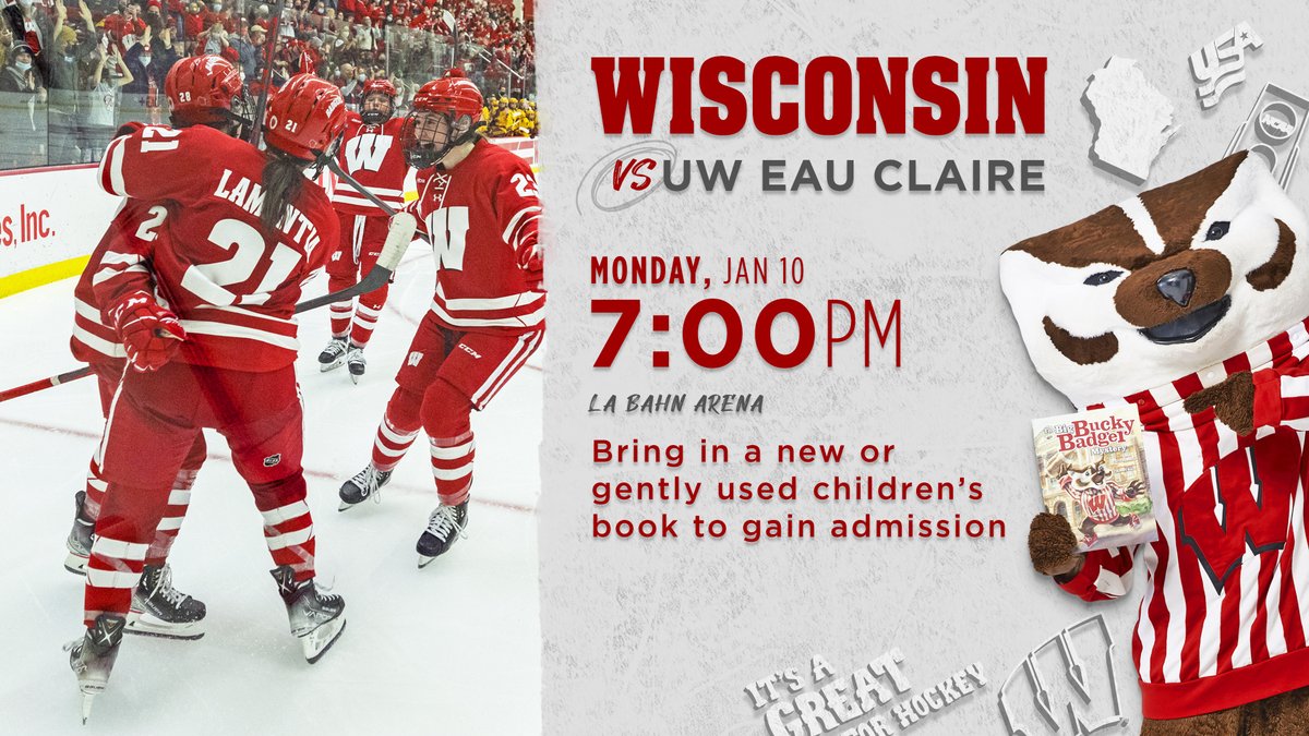 BadgerWHockey's tweet photo. Doing some last second shopping today?

Make sure to grab a children's book to donate for our Jan. 10 exhibition vs. @UWECWhockey!

#Badgers || #OnWisconsin https://t.co/SH1B7jIEXB