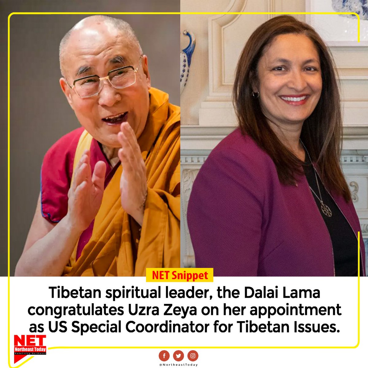 NortheastToday's tweet photo. #NETSnippet | Tibetan spiritual leader the Dalai Lama has written to Uzra Zeya to congratulate her on being appointed the US' Special Coordinator for Tibetan Issues. 

#dalailama #UzraZeya #usspecialcoordinator #tibetanissue #Tibetans #NortheastToday https://t.co/XGEkMH6W39