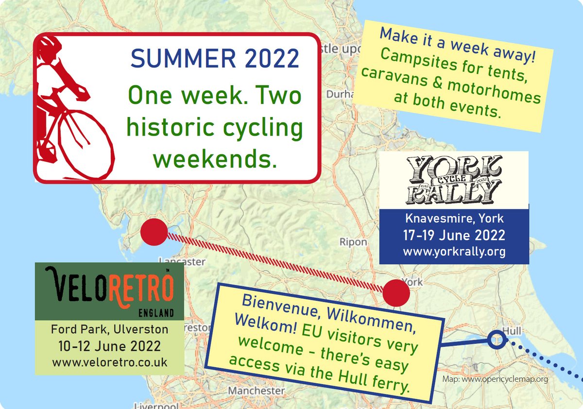 Need summer cycling to look forward to? Book a week in June for the <a href="/SportiveLakes/">Velo Retro</a> Velo Retro vintage cycling festival &amp; the historic <a href="/YorkRally/">York Cycle Rally & Festival</a> 2022! Large campsites at both, easy access from mainland EU too via Hull. Join us! veloretro.co.uk and yorkrally.org