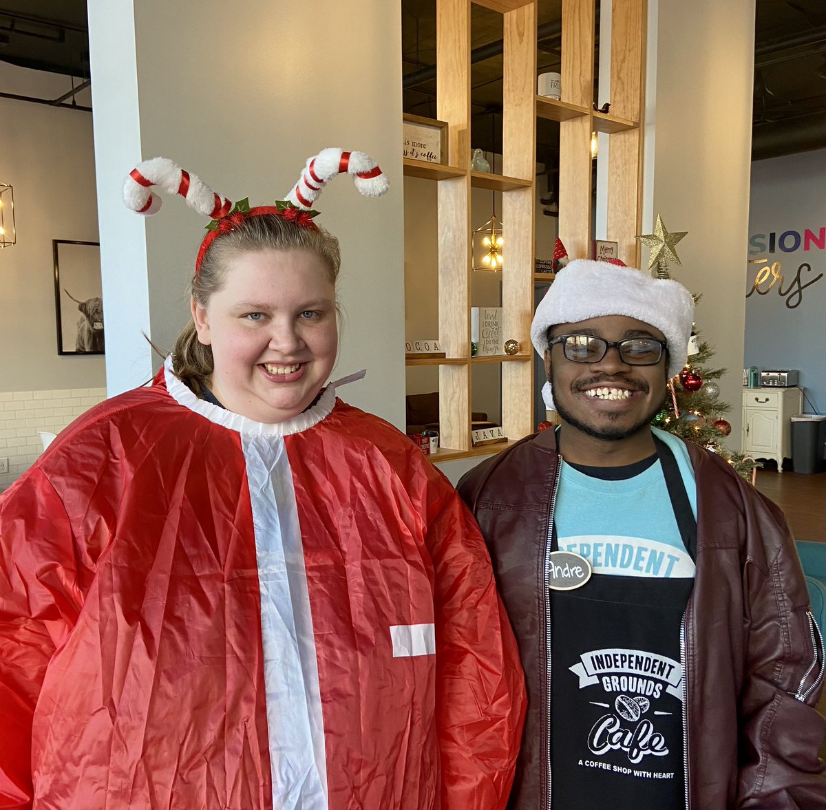 indiegrndscafe's tweet photo. There are always shenanigans when these 2 are together! Stop in before we take our holiday break! #independentgrounds #inclusionmatters #kennesaw #ksu #coffee #shoplocal #goandre #goemma https://t.co/nXqEmgxgl3