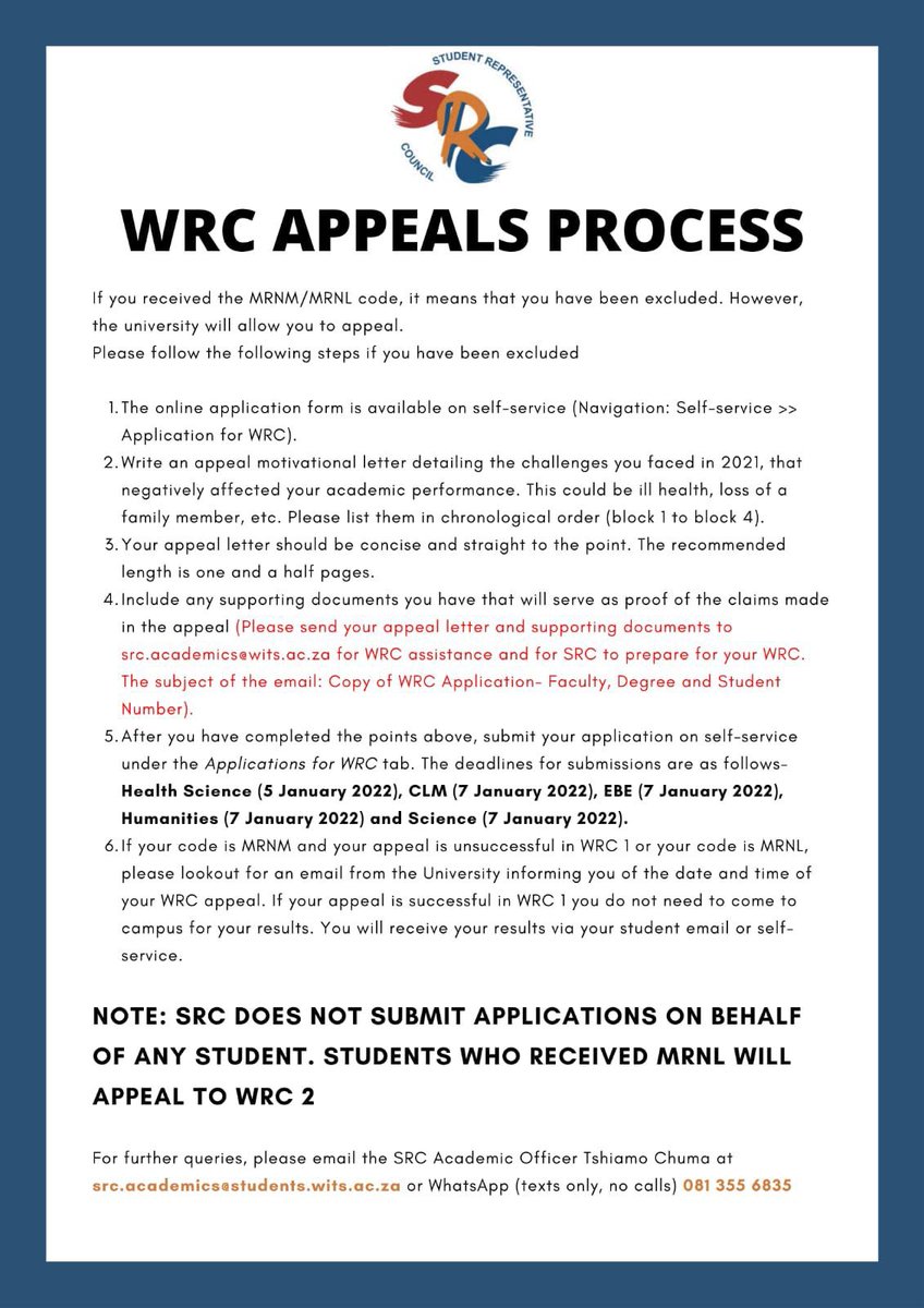 Wits_SRC's tweet photo. ‼️ATTENTION‼️: Hello Witsies! Please see below the WRC APPEALS PROCESS! https://t.co/rRB7EGQjHq