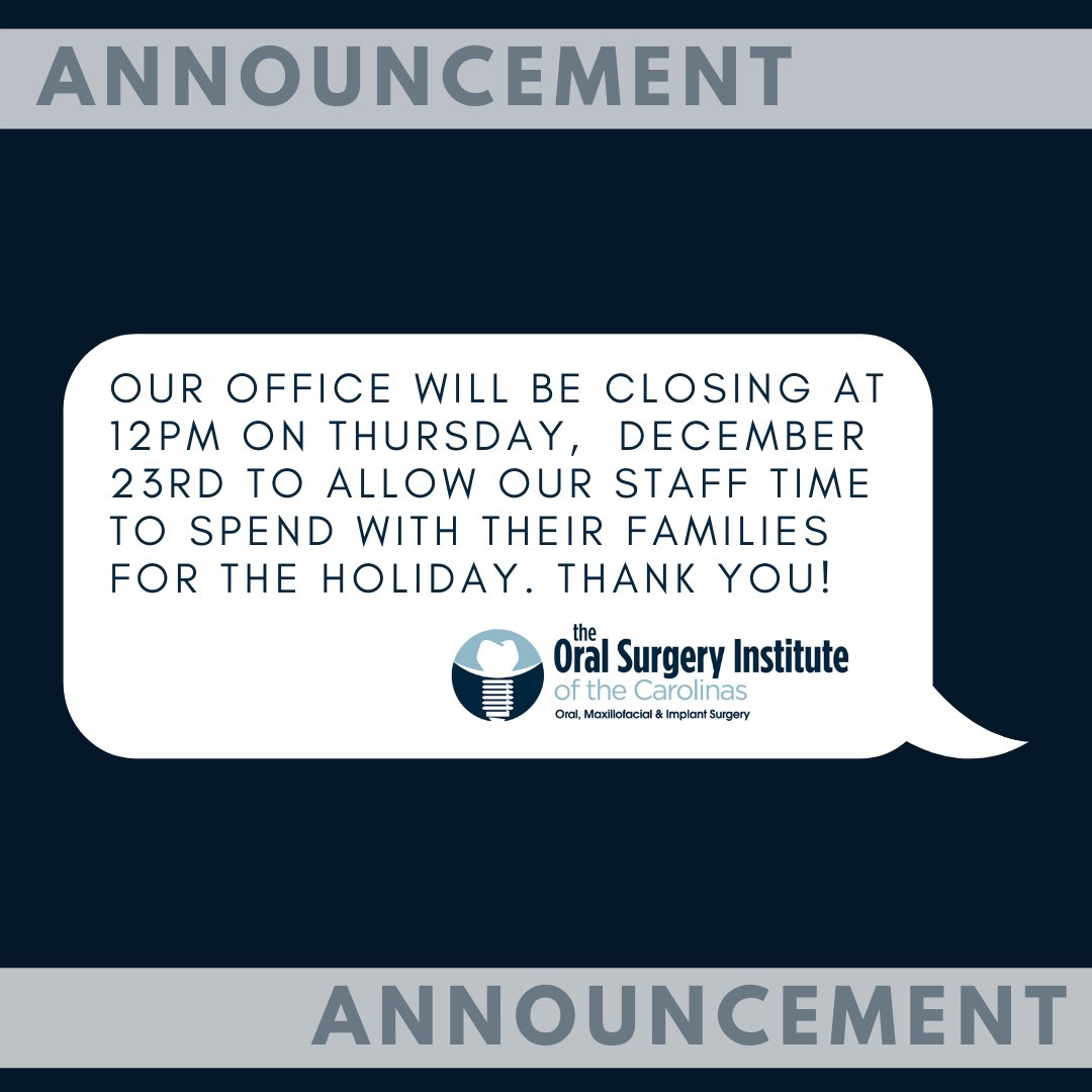 OralSurgeryIC's tweet photo. Our office will be closing at 12pm on Thursday, December 23rd for the Holiday. We will reopen on Monday, December 27th at 8am. Happy Holidays from Dr. Durham, Dr. Crisp, Dr. Tsegga, and all the OSIC staff! https://t.co/mIiDK0p7UQ