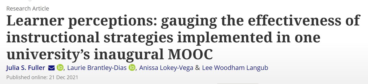 Congratulations to <a href="/drjuliafuller/">Julia Fuller, Ed.D.</a>, <a href="/LaurieBDias/">Laurie Dias</a>, <a href="/LokeyVega/">Anissa Vega</a>, and <a href="/leelangub/">Dr. Lee Langub</a> for their article Learner Perceptions: Gauging the effectiveness of instructional strategies implemented in one university's inaugural MOOC. doi.org/10.1080/026805…