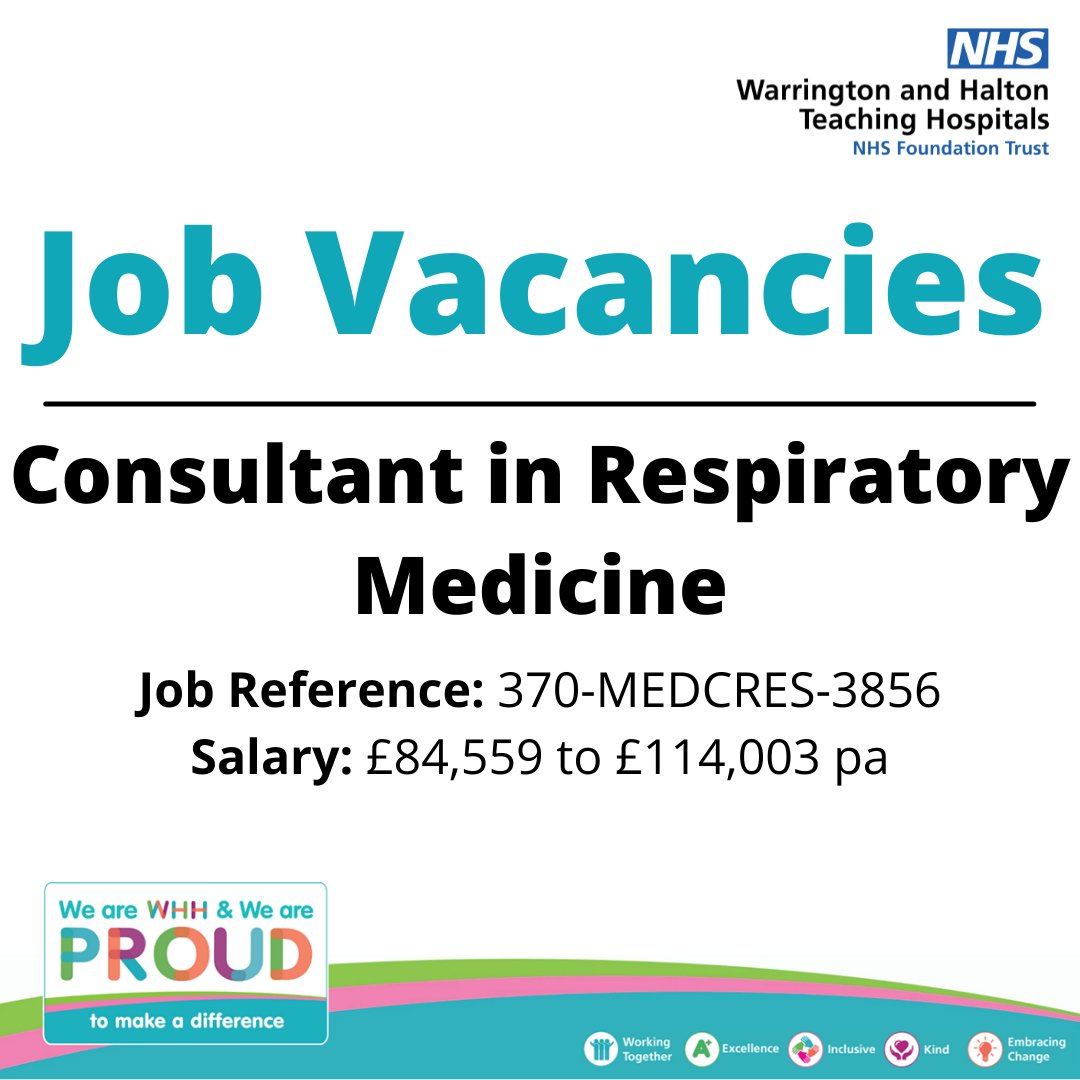 We are recruiting three consultant physicians for our fabulous respiratory service as part of a new enhanced care model on our new Combined Respiratory and Enhanced Care Unit. 

Find out more info or apply for the job here                           
👉 ow.ly/I40W50HimRI