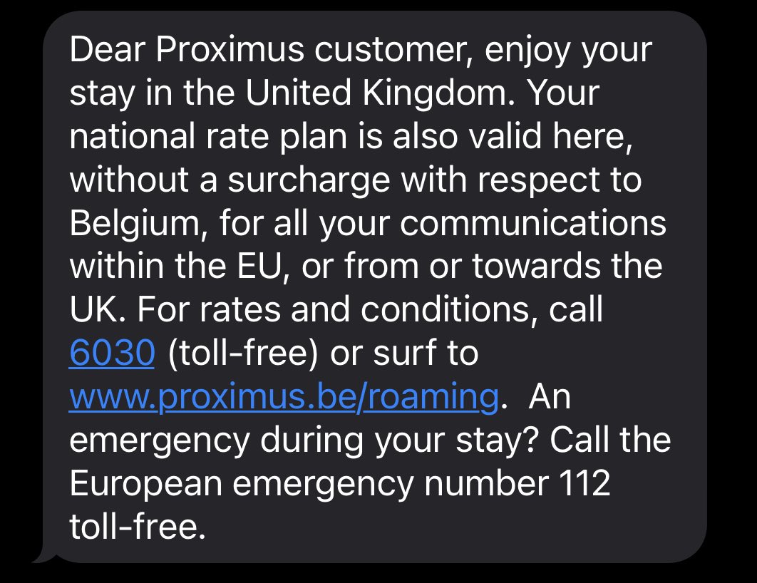 MrLKingJr's tweet photo. @proximus Traveling to the #UK, from Belgium. Do European roaming charges still apply. Am I able to roam without extra charge? It states in the #proximus website , the UK is still in Europe and I received an SMS explaining,  “Your national rate plan is also valid here…”  #Brexit https://t.co/QjonLosFmG
