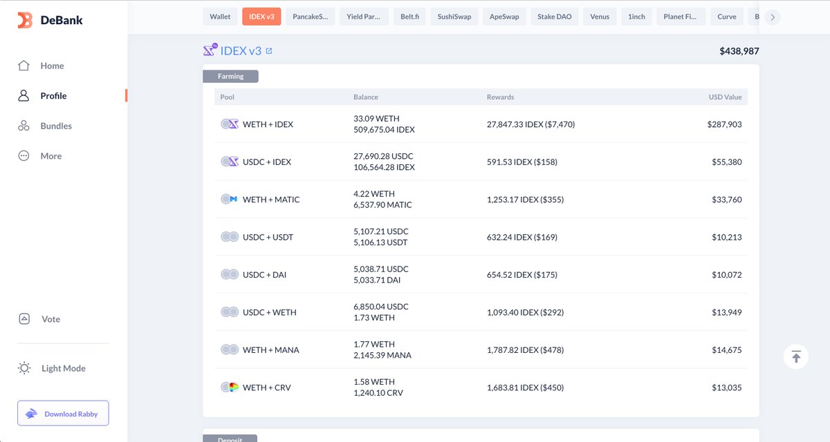 katanaperps's tweet photo. The IDEX v3 @DeBankDeFi integration is now live! 

Easily track your portfolio, liquidity mining, and transactions with the DeBank App.

👾👾👾 https://t.co/XY73tvmUxh