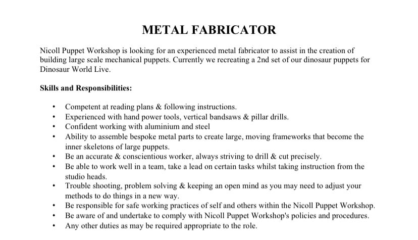 Hey I’m seeing a lot of theatre freelancers worried about the New Year. 
I’ve got two positions I’m looking for to bulk out my team, an experienced Puppet Maker and a Metal Fabricator. Job descriptions below. Please RT 

artsjobs.org.uk/arts-job/post/…