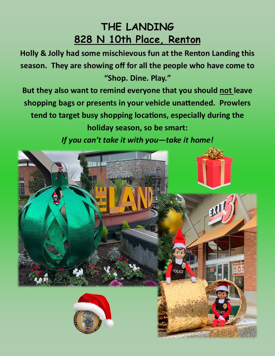 RentonpdWA's tweet photo. Holly & Jolly still have some last minute shopping 2 do before Christmas so of course headed to The Landing! While shopping & enjoying lunch, they decided 2 check out some of the holiday decorations on display/sh #shopthelanding #lockupyourvaluables #hideyourstuff #rentonpdcares https://t.co/VYdPsy0m3b