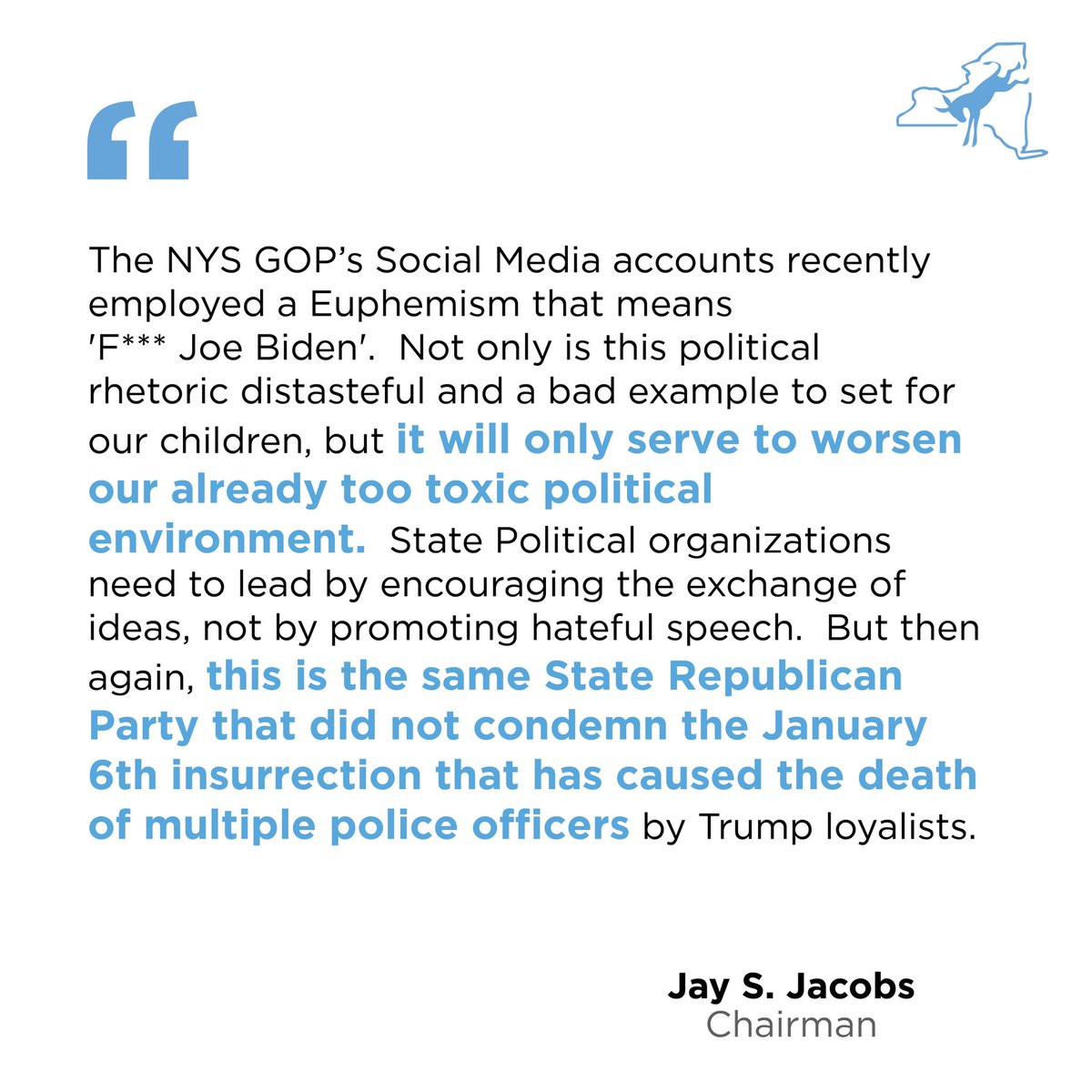 State Political organizations need to lead by encouraging the exchange of ideas, not by promoting hateful speech. But then again, this is the same Party that did not condemn the Jan 6th insurrection that has caused the death of multiple police officers by Trump loyalists.