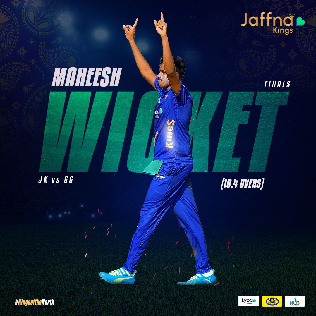KingsJaffna's tweet photo. Great 🆆🅸🅲🅺🅴🆃 by Maheesh Theekshana, caught by Wanindu! 👑
The Spin Twins strike again 🌪️

#JKvGG #ADIDAAMACHA #KingsOfTheNorth #LPL2021 #YaalKollo https://t.co/2z0FNFFRMY