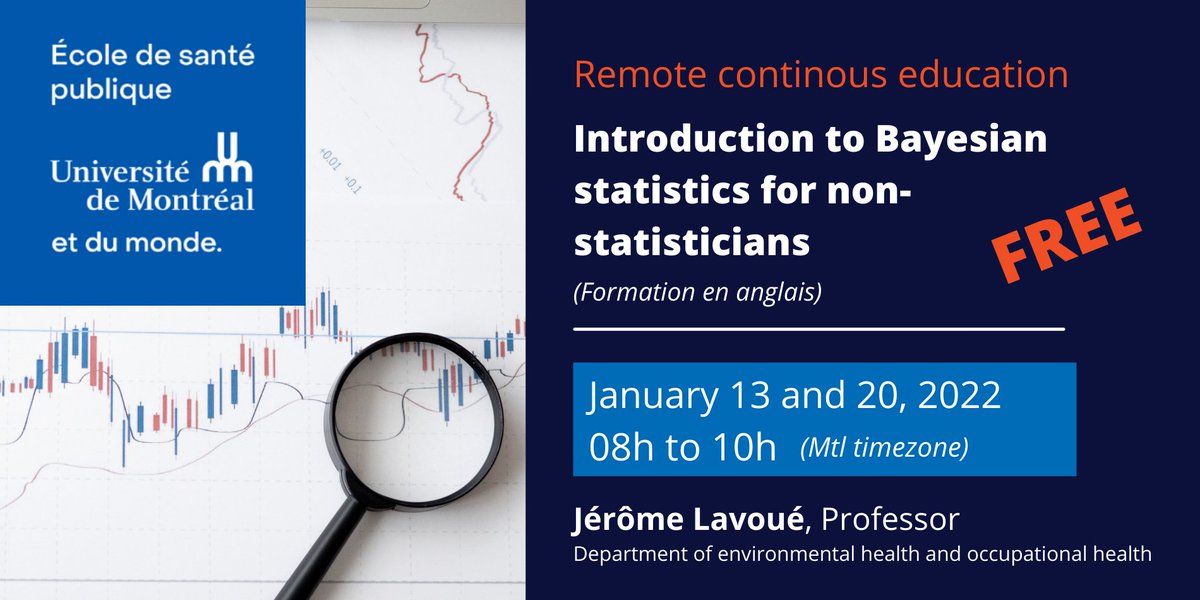 lduchastel's tweet photo. Formation continue gratuite (en anglais) offerte par l'ESPUM.
"Introduction to Bayesian statistics for non-statisticians" (4 heures)
13 et 20 janvier 2022
https://t.co/3Y55GASjX5
#formation #statistics #espum https://t.co/f0ueoat2RG