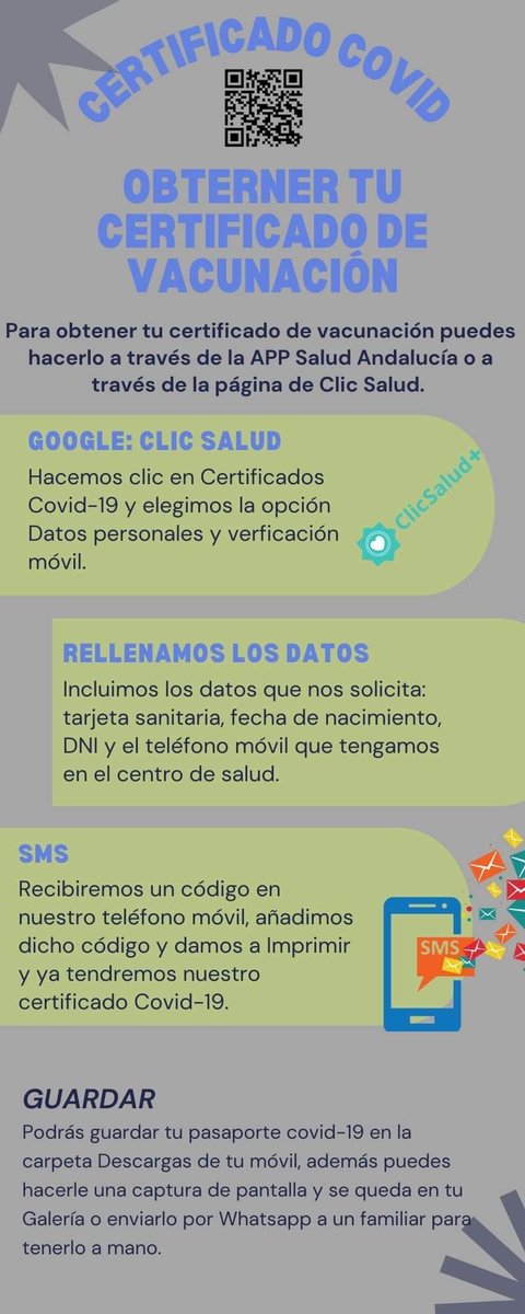 Guía para obtener el certificado de vacunación 💉#COVID19 🦠 a través de la APP <a href="/saludand/">Consejería de Sanidad, Presidencia y Emergencias</a> o en la web de #ClicSalud 
 
#PasaporteCovid #Guadalinfo