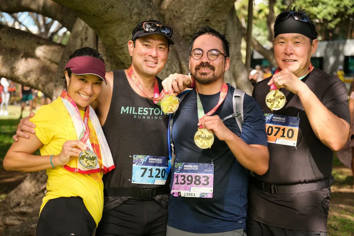 USJC's tweet photo. USJC Council Leader Bryce Suzuki snapped this photo of Council Leaders Mariko Silver, Britt Yamamoto, Kyle Nakamoto and Kurt Osaki at the end of the #HonoluluMarathon - which all five participants of USJC's 2019 Japanese American Leadership Delegation ran together.  #USJCJALD https://t.co/6R8w9XRSH3