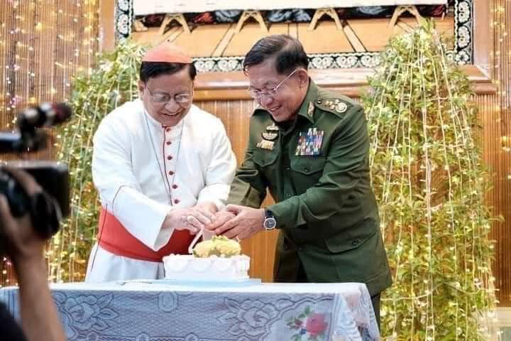 In the morning, the junta's chief met and cut a cake together with Cardinal Charles Maung Bo, a Burmese Catholic prelate. At night, the junta's soldiers are brutally launching airstrikes at the Laykaykaw, where most Christian civilians live.