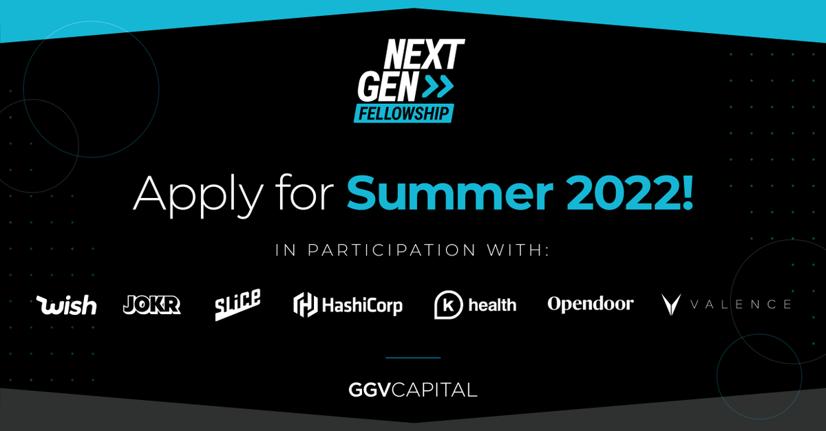 Applications for the GGV NextGen Fellowship Summer 2022 cohort are now open!

College juniors and seniors from underrepresented groups interested in a career in #tech should apply. 

Learn more &gt;&gt; ggvc.com/ggv-nextgen-fe…
#GGVNextGen
