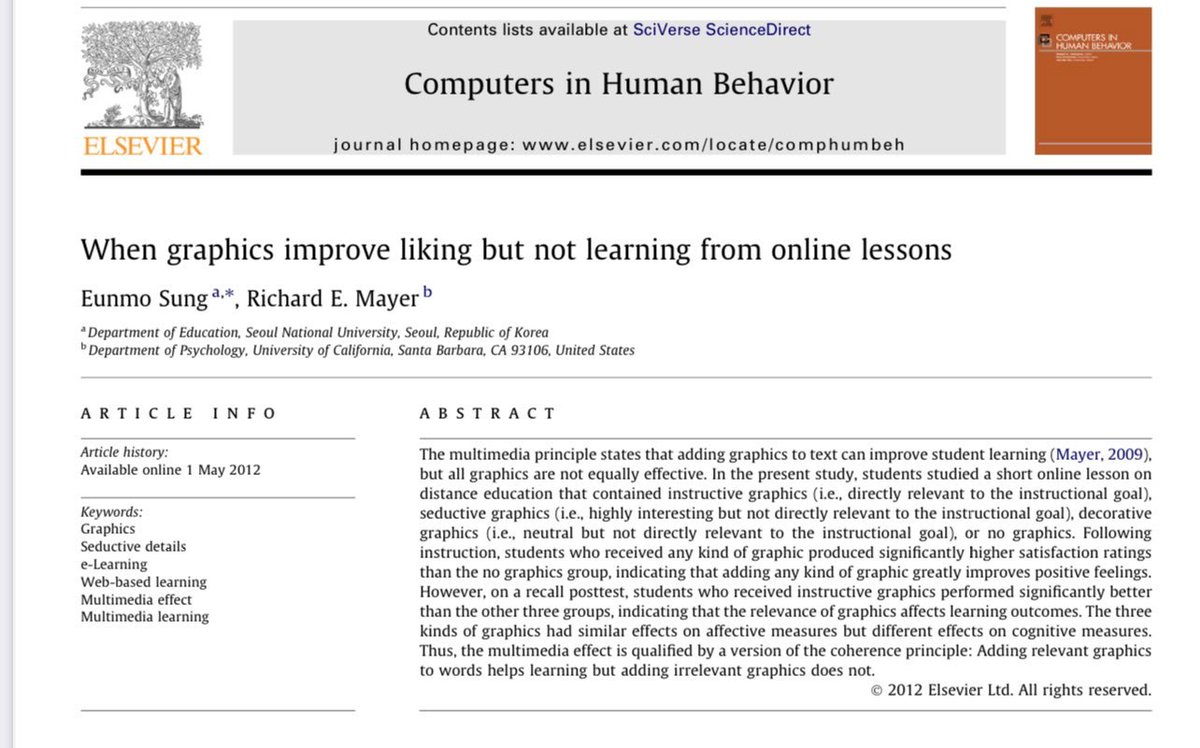 An example of the liking-learning gap: what students like is not what they learn from.

Students like graphics on slides, but seductive graphics (interesting but not relevant) hurt long-term recall in online courses, while more boring instructive, directly relevant graphics help.