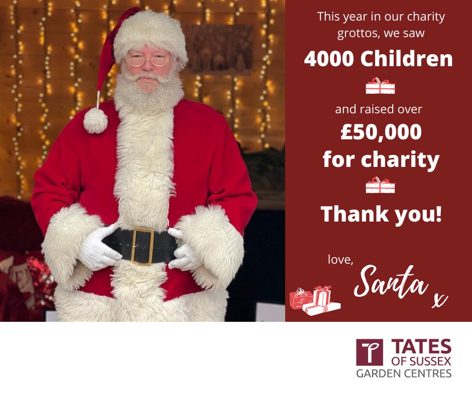 TatesGCs's tweet photo. Our #charity grottos at #SouthDownsNurseries and #OldBarnGardenCentre saw over 4000 children this year, and raised more than ยฃ50,000 for @TheBuddingFD. We also saw over 100 children for free through charities, at #foodbanks & #local schools. #Sussex #Hassocks #DialPost #Horsham https://t.co/6ddN586wue