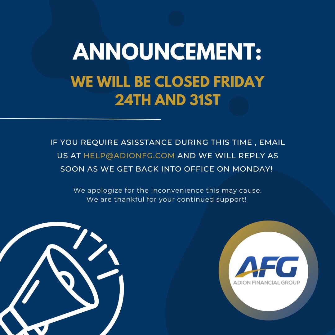AdionFG's tweet photo. We will open Monday 12/27 at 9:00 a.m. Thank you in advance and enjoy your extended weekend!

#HappyHolidays #ExtendedWeekend #ThankYou #Insurance #InsuranceAgency #InsuranceBroker #InsuranceAgent #LifeInsurance #AutoInsurance #HomeInsurance #BusinessInsurance #LTCInsurance https://t.co/scRlIj9ntk