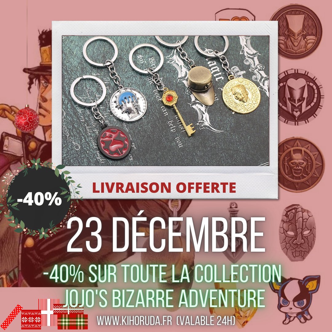 KMangaFR's tweet photo. 2️⃣3️⃣ Décembre : -40% SUR TOUTE LA COLLECTION JOJO'S BIZARRE ADVENTURE ! 

🎅 + de 25 modèles de porte-clés disponibles en PVC et en métal !

➡️ Direction https://t.co/MwxVRng7zu  pour en profiter !

#CalendrierKihoruda https://t.co/S4Zmly65od