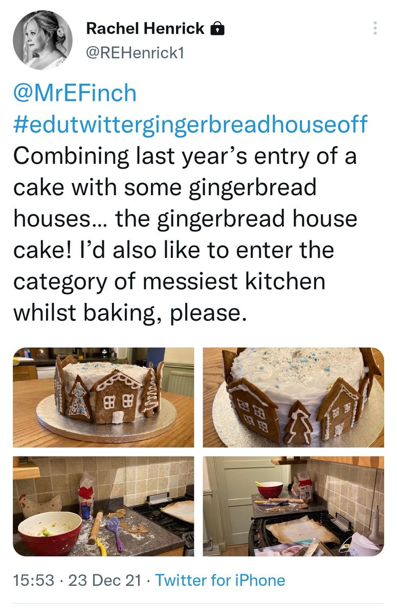 MrEFinch's tweet photo. Delightful work from @REHenrick1 here. Not exactly a house perhaps but very, very pretty. Don't know if anyone is brave enough to share evidence denying her the crown for 'Messiest Kitchen'.
#EdutwitterGingerbreadHouseOff https://t.co/rgScwfEi2r
