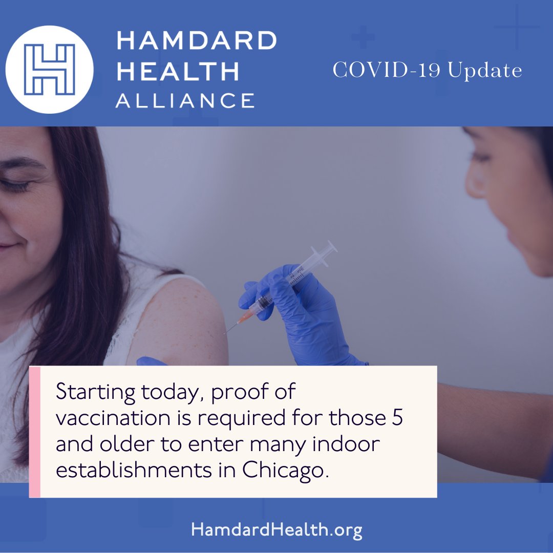COVID-19 UPDATE:

Starting today, proof of vaccination is required for those 5 and older to enter many indoor establishments in Chicago. This includes: 

-Restaurants and bars
-Gyms and fitness centers
-Entertainment &amp; recreation venues