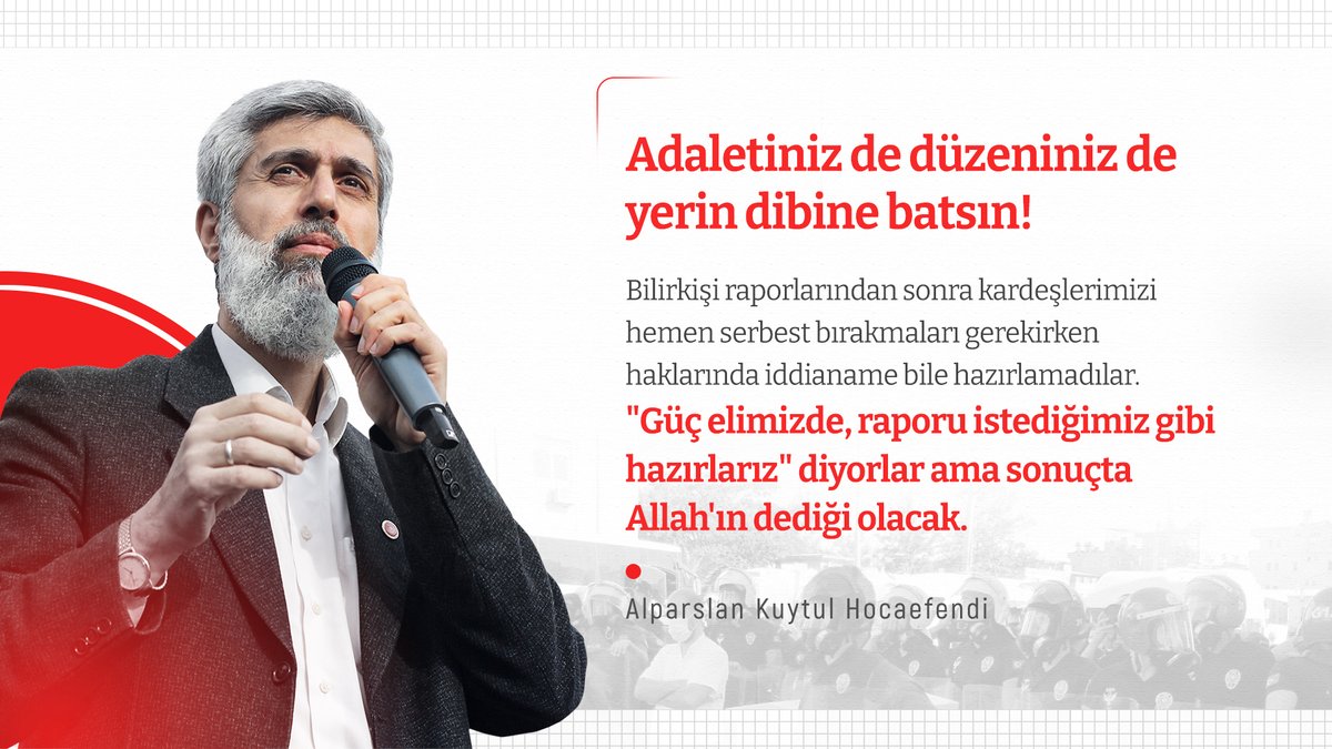 Adaletiniz de düzeniniz de yerin dibine batsın!

Bilirkişi raporlarından sonra kardeşlerimizi hemen serbest bırakmaları gerekirken haklarında iddianame bile hazırlamadılar.

Hukuksuzluğun Belgeleri
#FurkanaKumpas