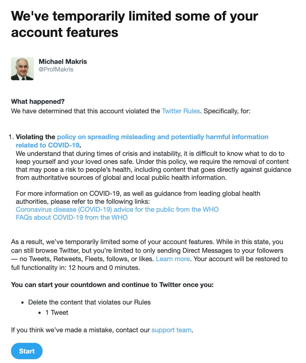 ProfMakris's tweet image. I am back on Twitter. Twitter blocked my account for "Spreading misleading and potentially harmful information about COVID19". Judge for yourselves if the relevant tweet is so bad. 1/3
