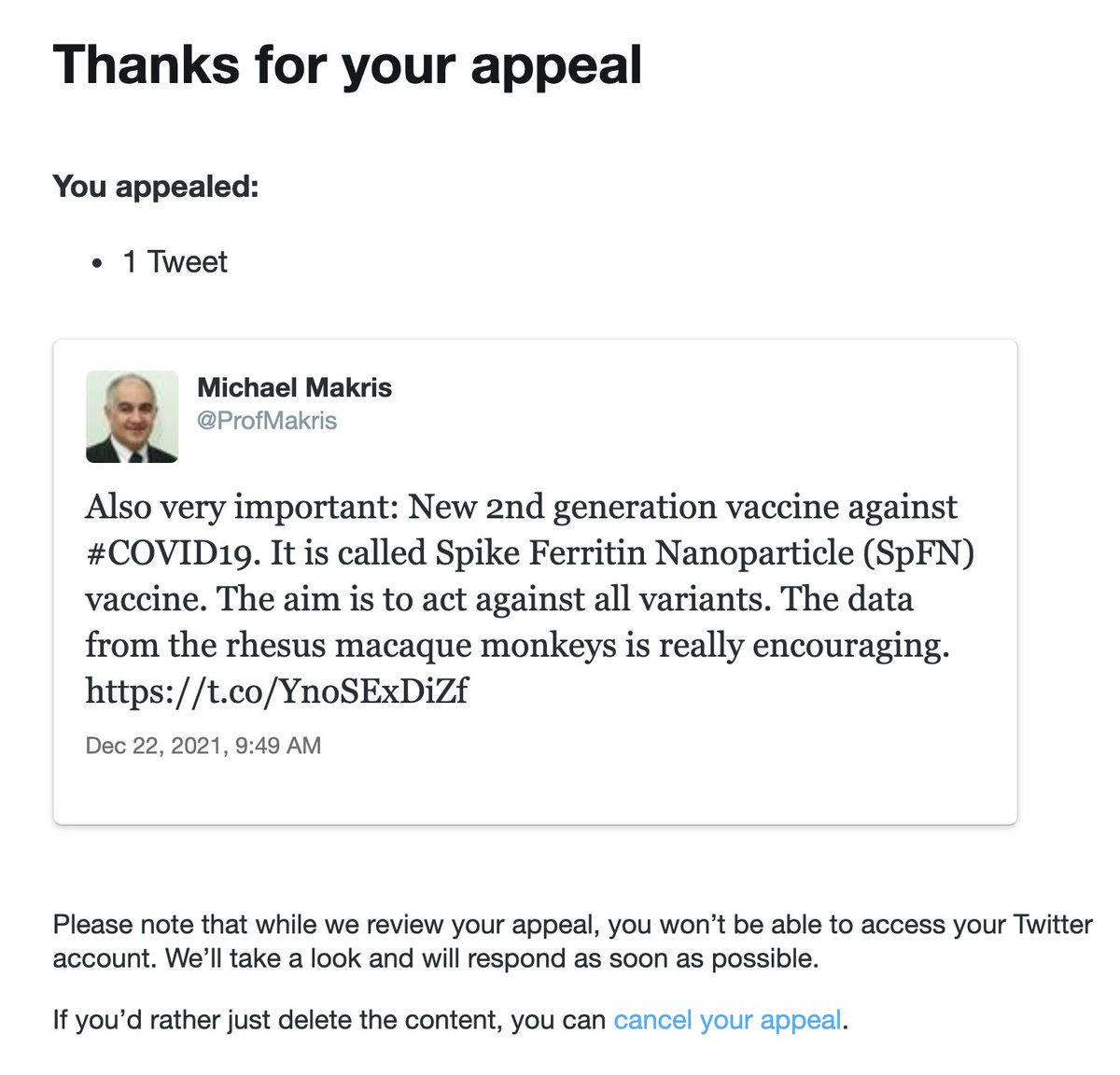 ProfMakris's tweet image. I am back on Twitter. Twitter blocked my account for "Spreading misleading and potentially harmful information about COVID19". Judge for yourselves if the relevant tweet is so bad. 1/3