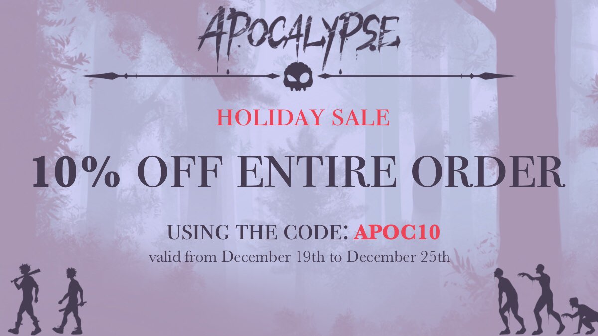 🧟‍♀️FLASH SALE, HAPPENING NOW!🧟‍♀️

The Apocalypse Flash Sale ends on Dec 25th! You have 2 more days to get 10% off your ENTIRE ORDER with the code: APOC10

Pick up your Infection Edition today! Happy Holidays from Apoc to you!

Store: tinyurl.com/knmu6vem

#bkdkzombiezine