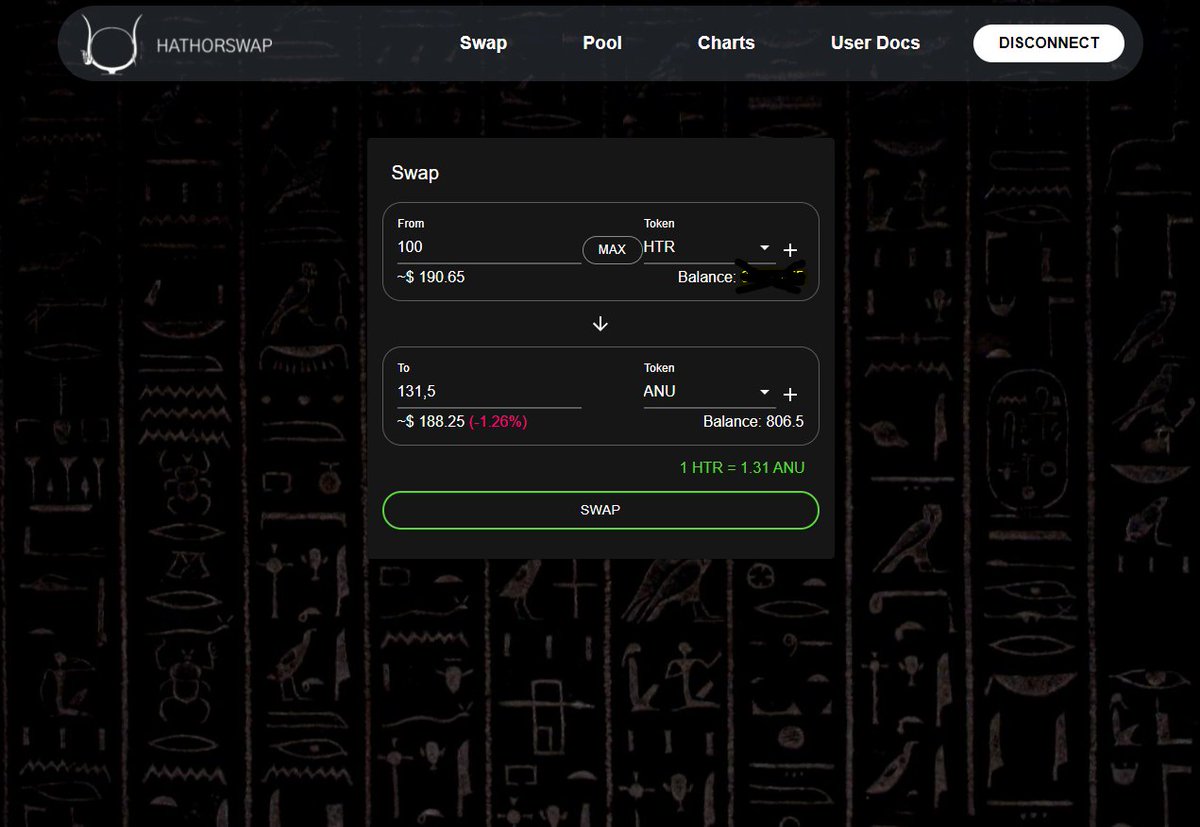 Just did my first swap ever on hathorswap.org 🥳 

🔁Swapped 100 $HTR for 131.5 $ANU

Swap went incredibly fast, like instant and that while paying zero fees✅

I like it😏 Hathorswap works like a charm so far👀