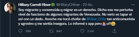 Este tuit sobre migrantes vzlanos genera demasiadas lecturas e interrogantes: Migrar es un derecho sólo si el migrante es de mi misma ideología? Denunció al chófer por descortés (injustificable) o por sus opiniones políticas? No ser de izquierda es ser "fascista"