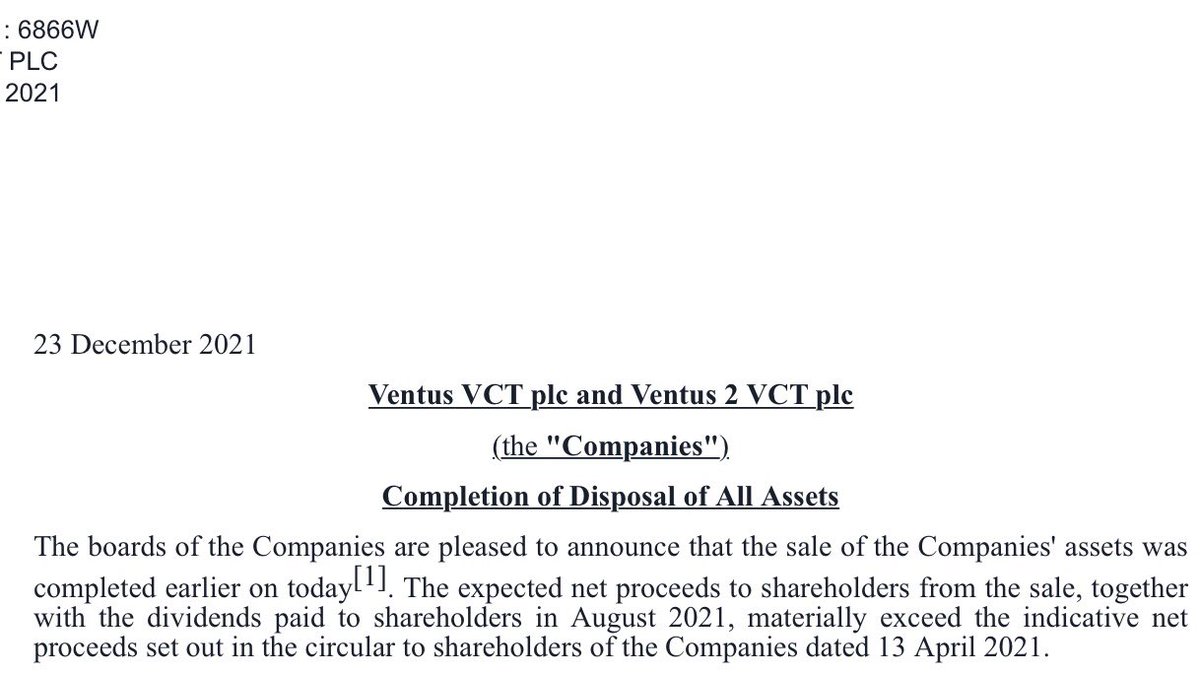 RidyardMike's tweet photo. #VEN2 Ventus 2 VCT plc
What a nice Xmas present. 
Net proceeds to ordinary shareholders 92.3p✅✅
Special dividend 47p paid on 21 Jan 2022✅
The balance to be paid by liquidators.
I hold😊🎅
https://t.co/oeOaHmO2RU https://t.co/wtbCWkV9B5