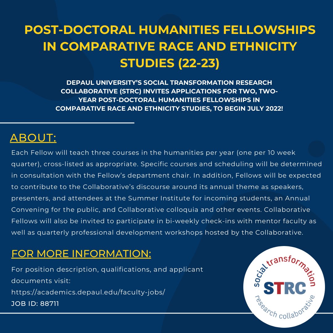 DePaulCLR's tweet photo. Fellowship Opportunity! We are looking for postdoctoral scholars whose work focuses on Race &amp; Ethnicity! For more information please check out: https://t.co/r53gHaRkfJ
JOB ID: 88777 #opportunity #work #job #DePaul https://t.co/U49jJHRfeb